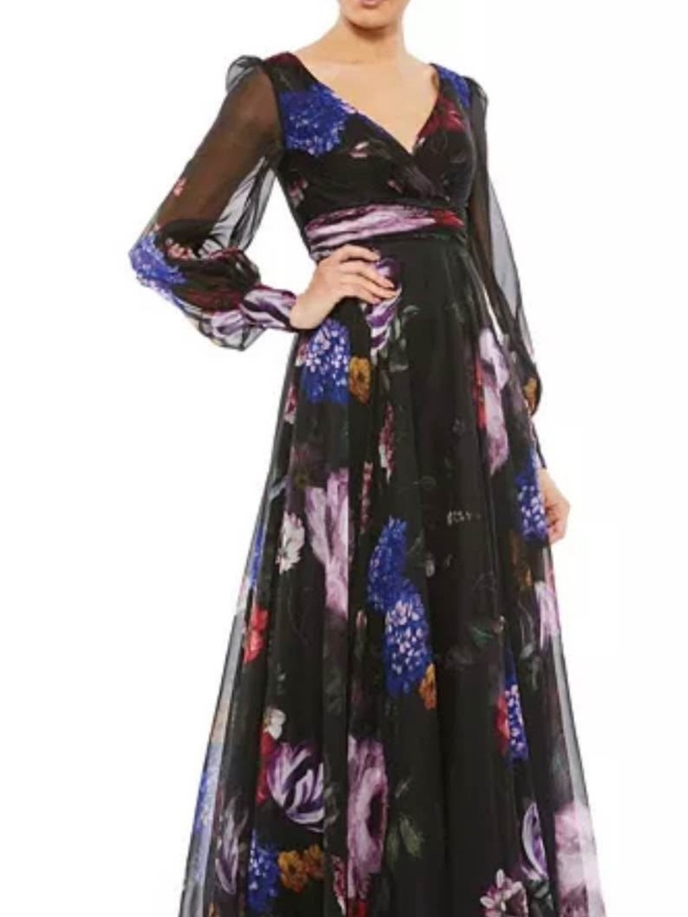 Mac Duggal Black Floral V-Neck Long Sheer Sleeve Maxi Dress Size 4